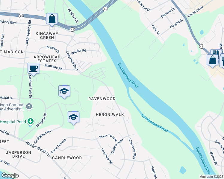 map of restaurants, bars, coffee shops, grocery stores, and more near 1201 Cheyenne Boulevard in Nashville