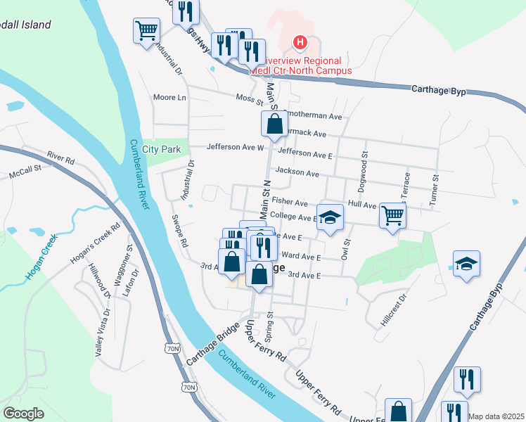 map of restaurants, bars, coffee shops, grocery stores, and more near 609 Main Street North in Carthage