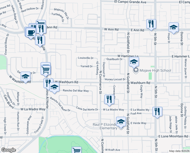 map of restaurants, bars, coffee shops, grocery stores, and more near 5222 Sangara Drive in North Las Vegas