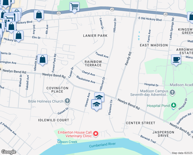 map of restaurants, bars, coffee shops, grocery stores, and more near 716 Cheryl Avenue in Nashville