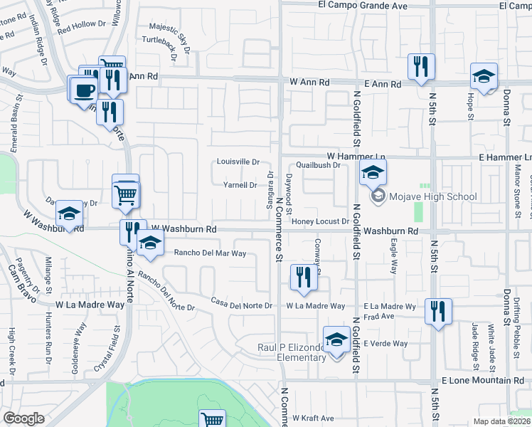map of restaurants, bars, coffee shops, grocery stores, and more near 5223 Sangara Drive in North Las Vegas