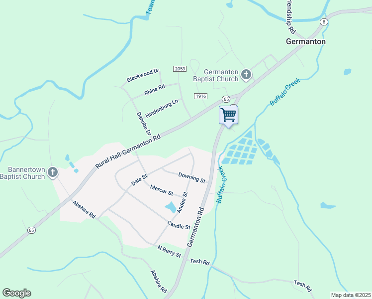 map of restaurants, bars, coffee shops, grocery stores, and more near 6724 Andes Street in Germanton