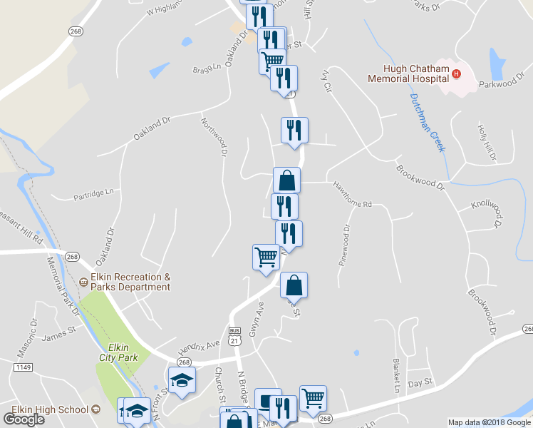map of restaurants, bars, coffee shops, grocery stores, and more near 130 Chatham Drive in Elkin