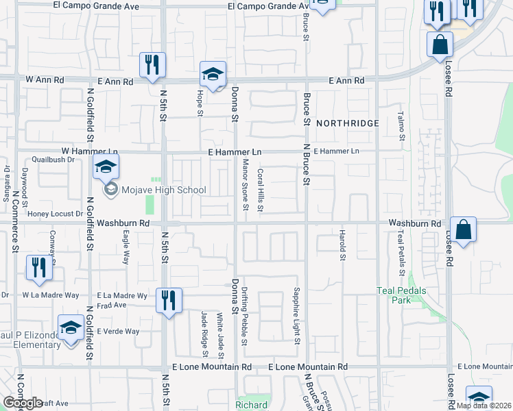 map of restaurants, bars, coffee shops, grocery stores, and more near 5220 Manor Stone Street in North Las Vegas