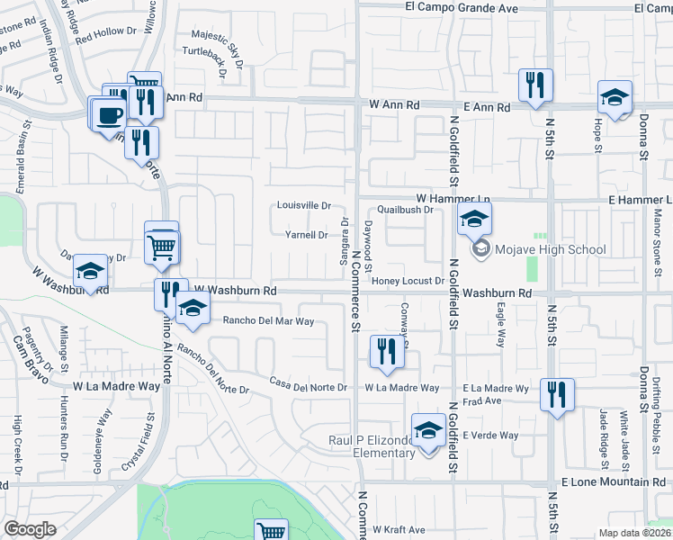 map of restaurants, bars, coffee shops, grocery stores, and more near 5222 Sangara Drive in North Las Vegas