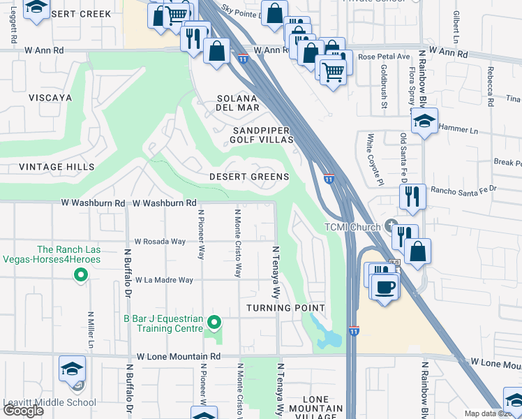 map of restaurants, bars, coffee shops, grocery stores, and more near 7237 West Washburn Road in Las Vegas