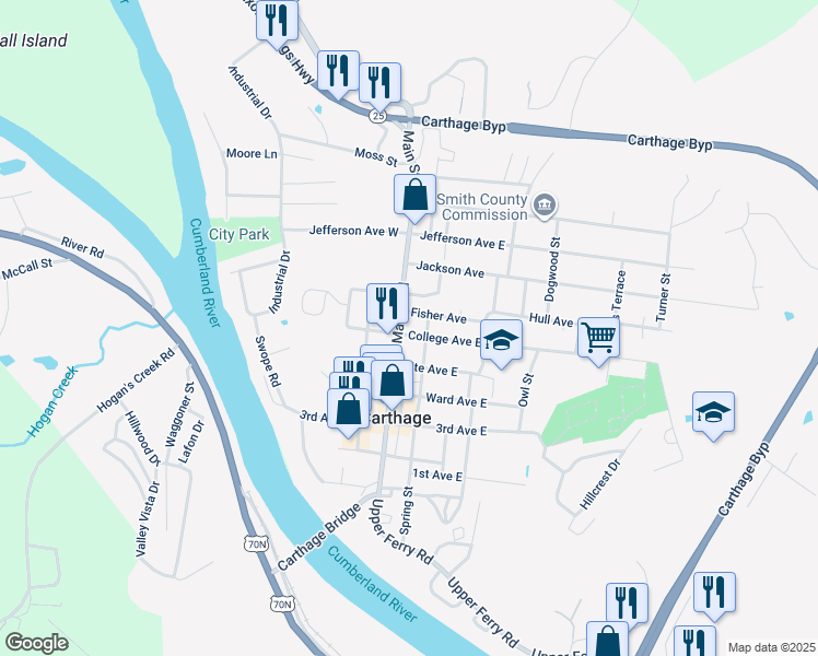 map of restaurants, bars, coffee shops, grocery stores, and more near 604 Main Street North in Carthage