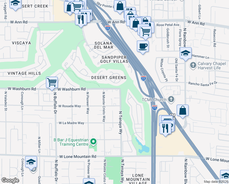 map of restaurants, bars, coffee shops, grocery stores, and more near 7237 West Washburn Road in Las Vegas