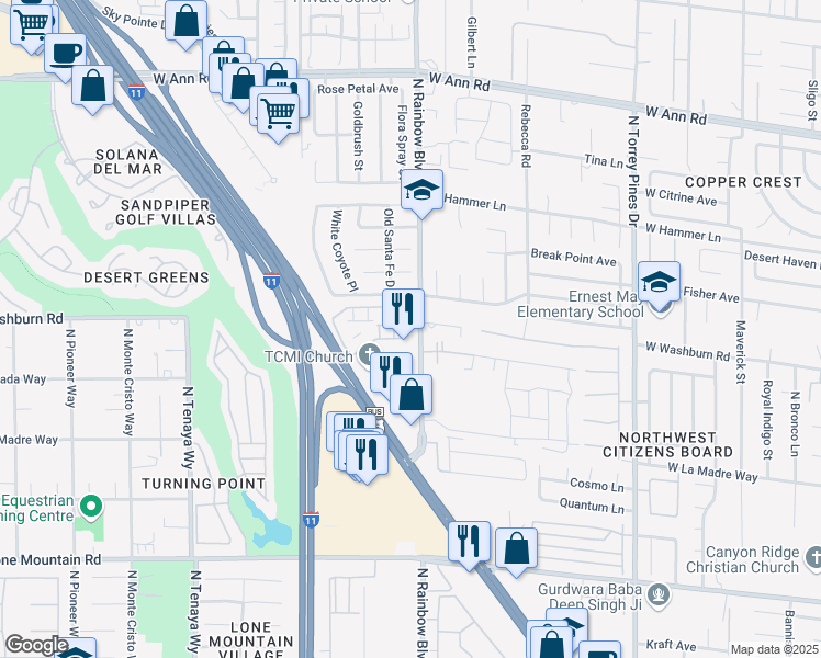 map of restaurants, bars, coffee shops, grocery stores, and more near 5104 Jordan Frey Street in Las Vegas