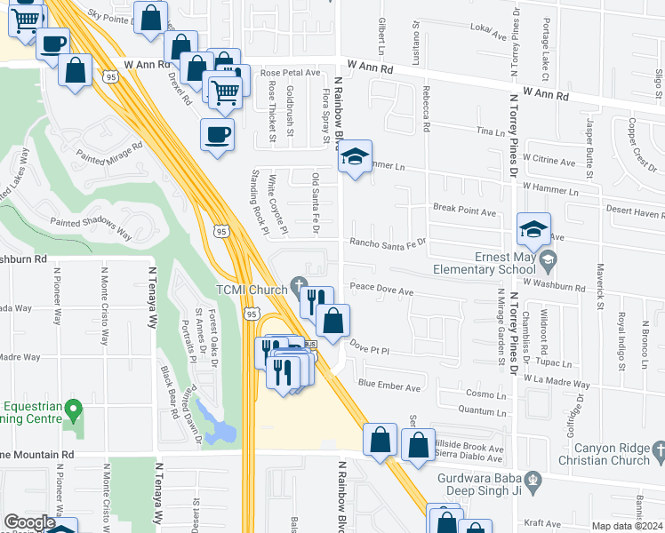 map of restaurants, bars, coffee shops, grocery stores, and more near 5104 Jordan Frey Street in Las Vegas
