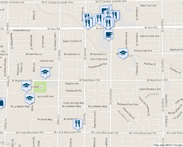 map of restaurants, bars, coffee shops, grocery stores, and more near 3121 Flower Garden Court in North Las Vegas