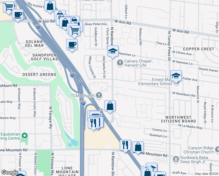 map of restaurants, bars, coffee shops, grocery stores, and more near 5104 Jordan Frey Street in Las Vegas