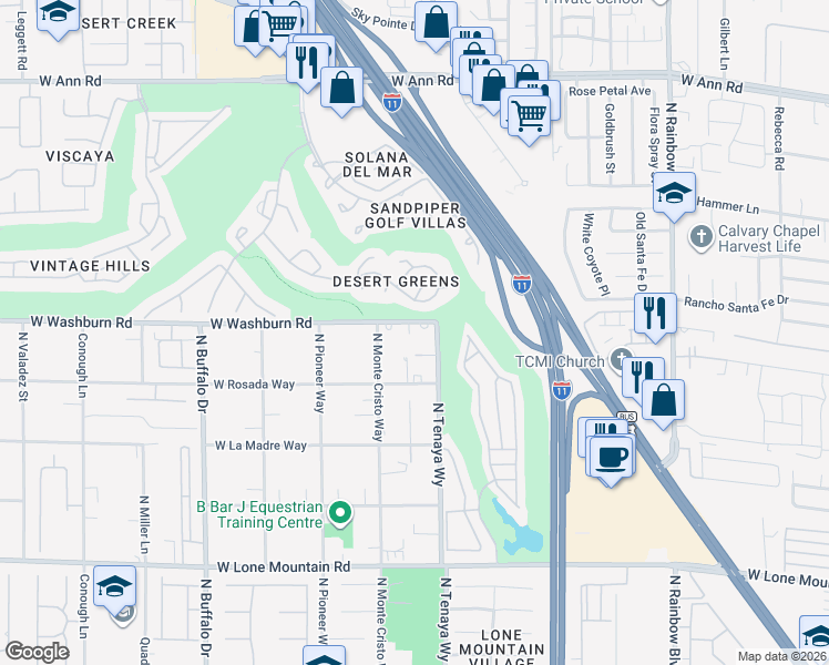 map of restaurants, bars, coffee shops, grocery stores, and more near 7237 West Washburn Road in Las Vegas