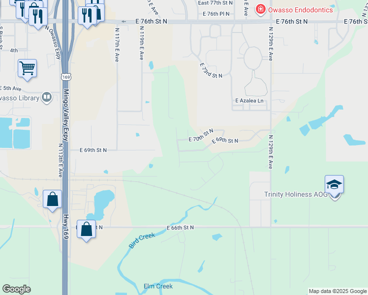map of restaurants, bars, coffee shops, grocery stores, and more near 12051 East 69th Street North in Owasso