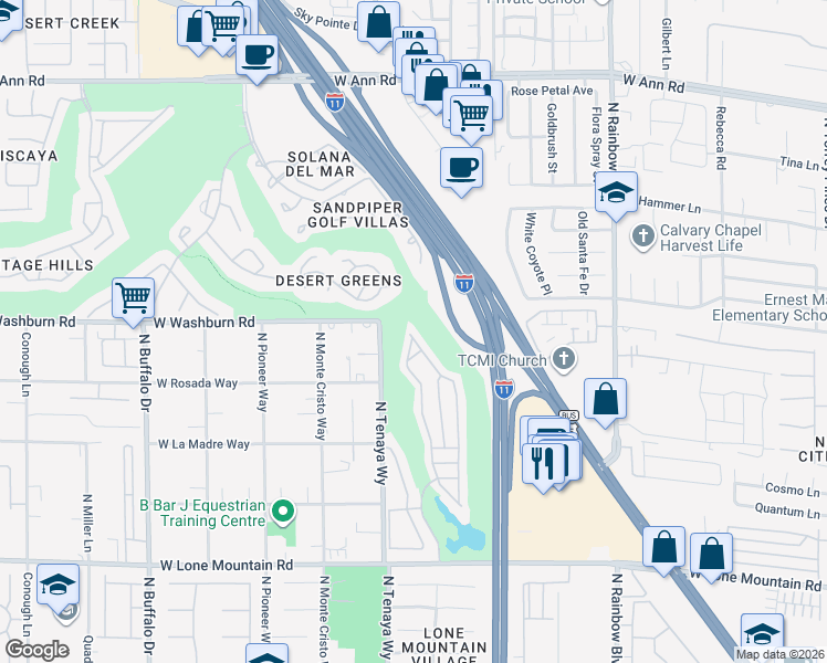 map of restaurants, bars, coffee shops, grocery stores, and more near 5148 Forest Oaks Drive in Las Vegas