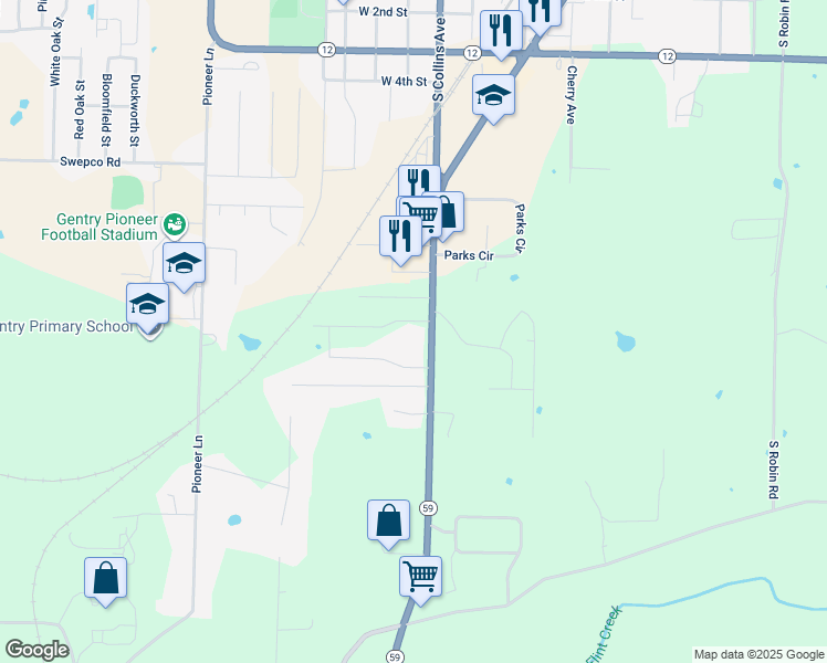 map of restaurants, bars, coffee shops, grocery stores, and more near 1321 South Gentry Boulevard in Gentry