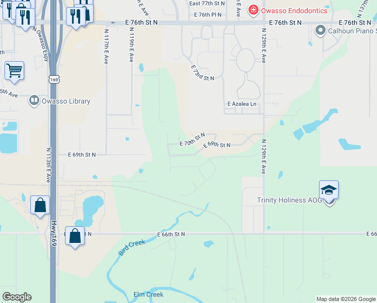 map of restaurants, bars, coffee shops, grocery stores, and more near 12109 East 69th Street North in Owasso