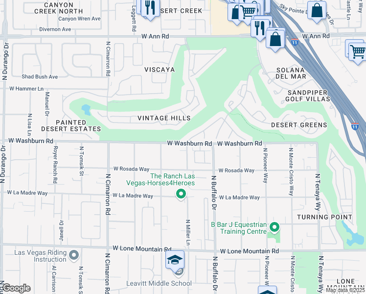 map of restaurants, bars, coffee shops, grocery stores, and more near 5193 North Miller Lane in Las Vegas