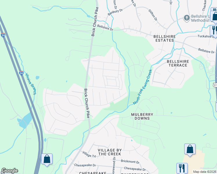 map of restaurants, bars, coffee shops, grocery stores, and more near 3421 Meadow Court in Nashville