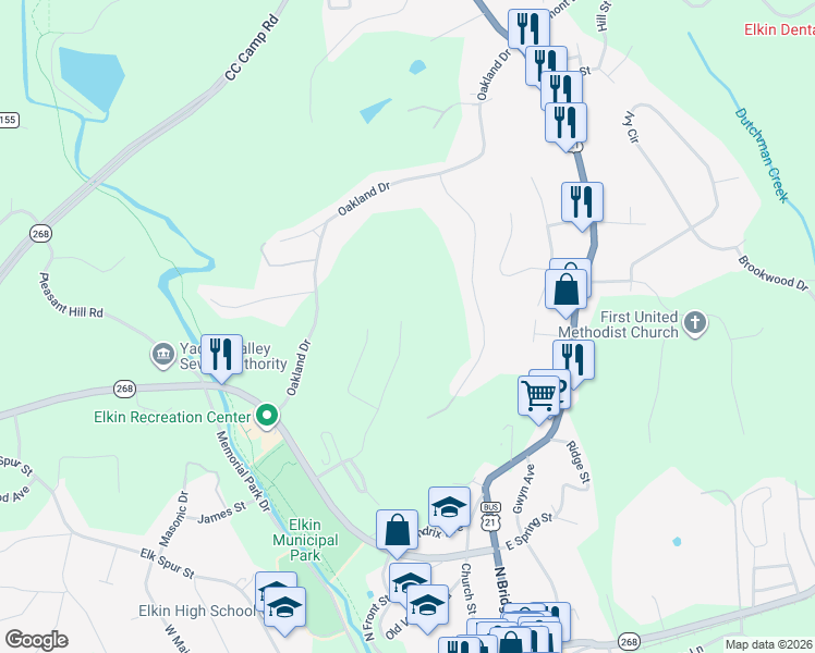 map of restaurants, bars, coffee shops, grocery stores, and more near 324 Hillcrest Drive in Elkin
