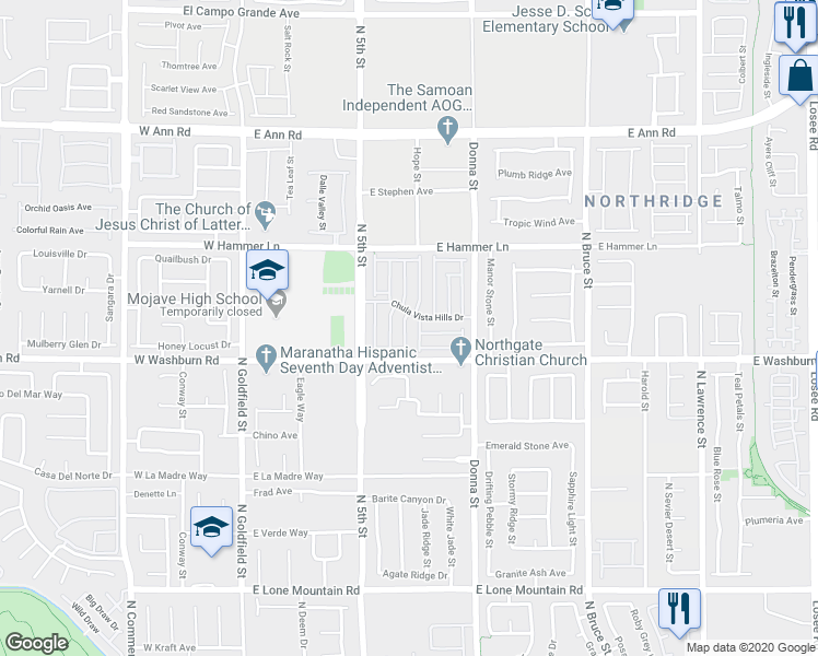 map of restaurants, bars, coffee shops, grocery stores, and more near 5220 North Aztec Heights Street in North Las Vegas