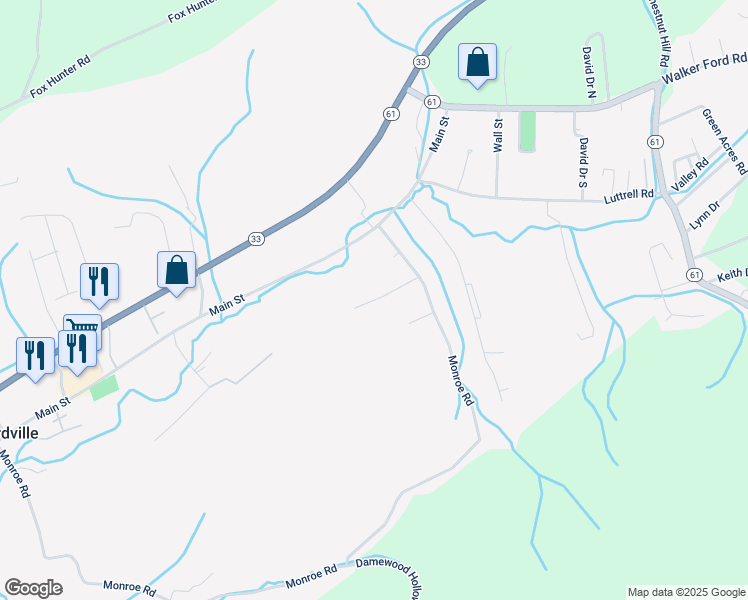 map of restaurants, bars, coffee shops, grocery stores, and more near 1590 Main Street in Maynardville