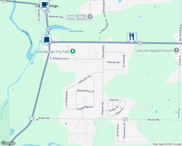 map of restaurants, bars, coffee shops, grocery stores, and more near 588 Whitcliff Drive in Cave Springs