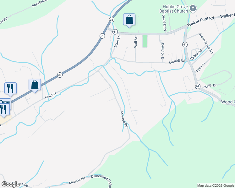 map of restaurants, bars, coffee shops, grocery stores, and more near 576 Monroe Road in Maynardville