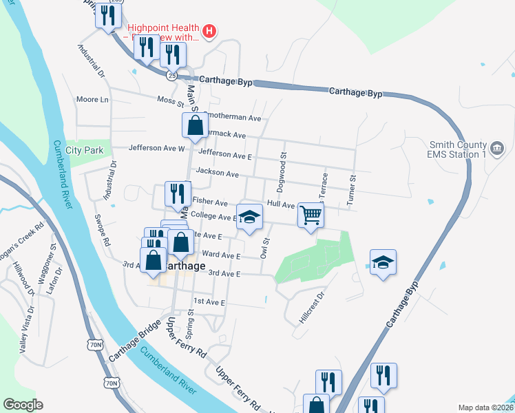 map of restaurants, bars, coffee shops, grocery stores, and more near 112 Hull Avenue in Carthage