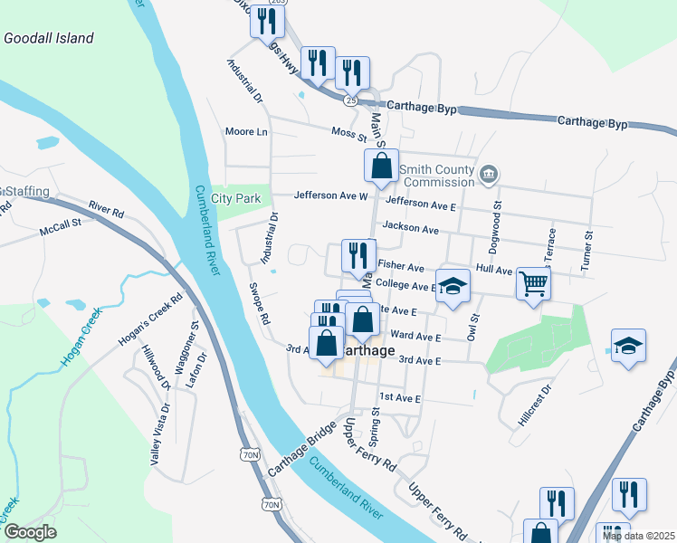 map of restaurants, bars, coffee shops, grocery stores, and more near 503 Water Street in Carthage