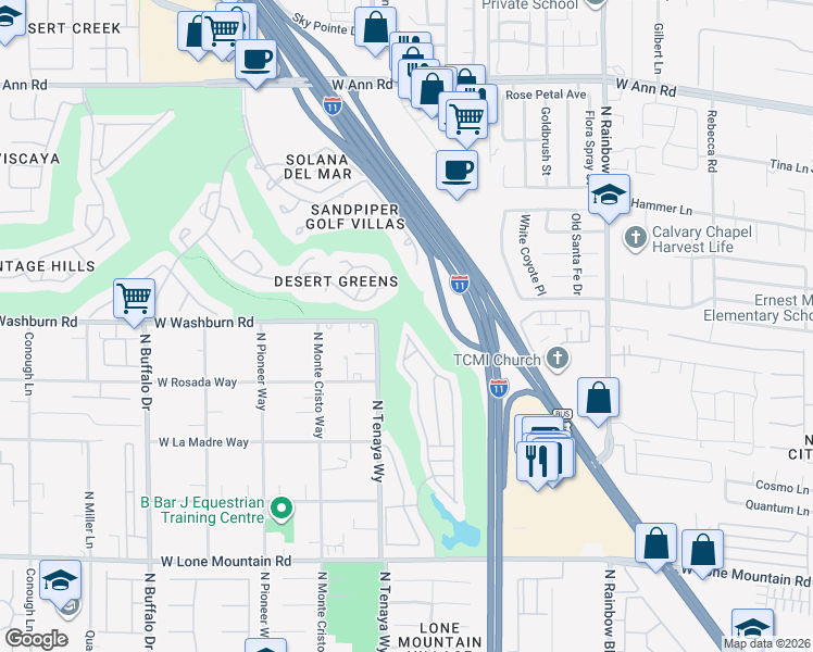 map of restaurants, bars, coffee shops, grocery stores, and more near 5152 Forest Oaks Drive in Las Vegas