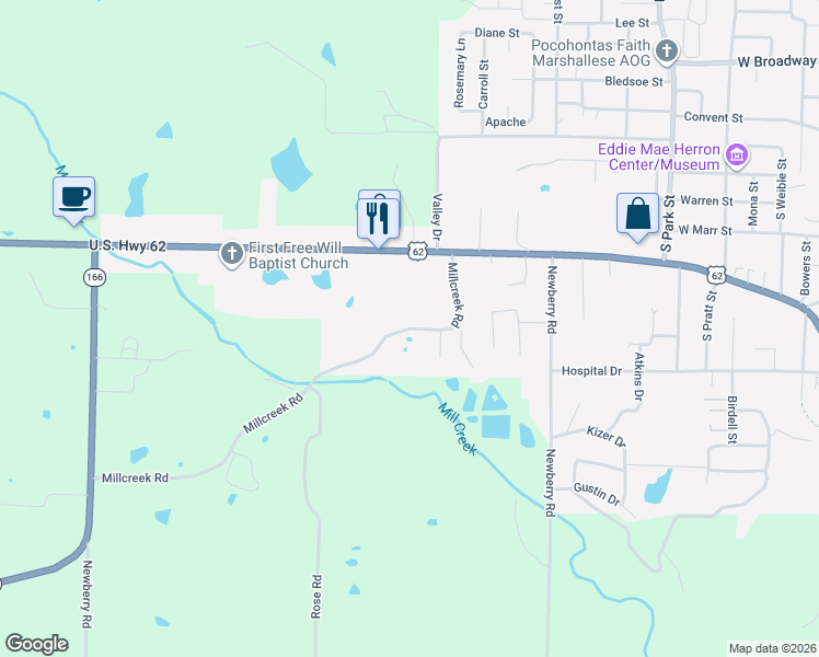 map of restaurants, bars, coffee shops, grocery stores, and more near 908 Valley Drive in Pocahontas