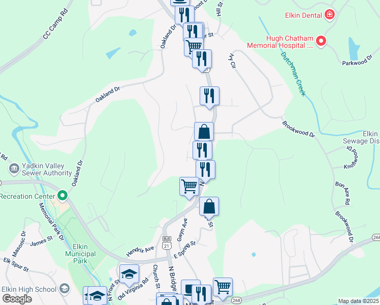 map of restaurants, bars, coffee shops, grocery stores, and more near 130 Chatham Drive in Elkin