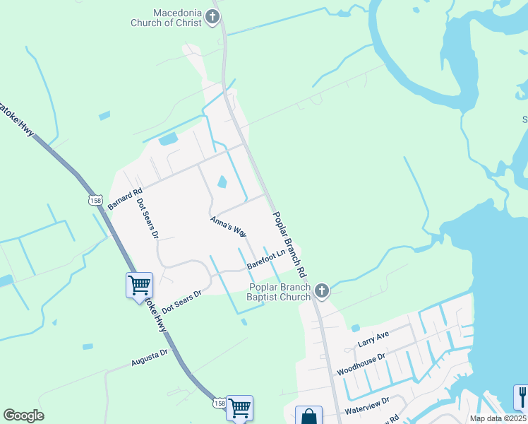 map of restaurants, bars, coffee shops, grocery stores, and more near 632 Poplar Branch Road in Grandy