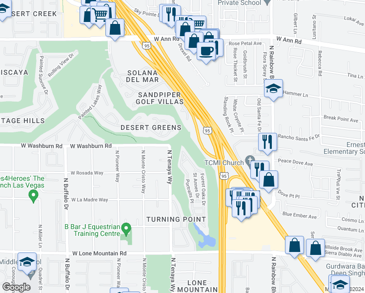 map of restaurants, bars, coffee shops, grocery stores, and more near 5152 Forest Oaks Drive in Las Vegas