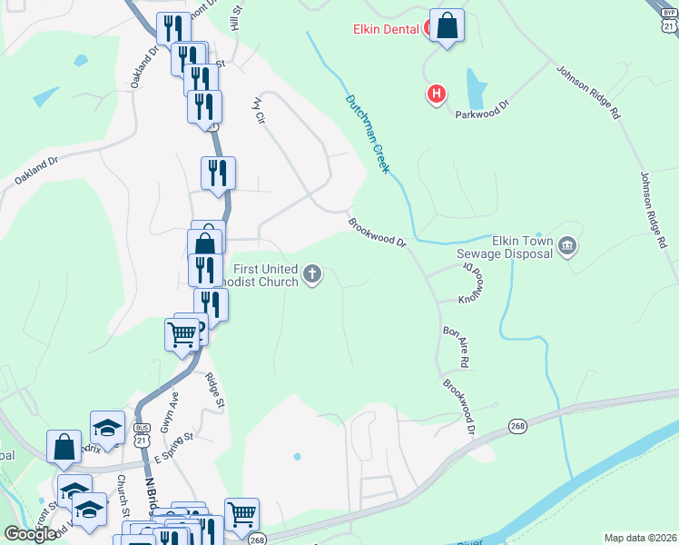 map of restaurants, bars, coffee shops, grocery stores, and more near 369 Hawthorne Road in Elkin