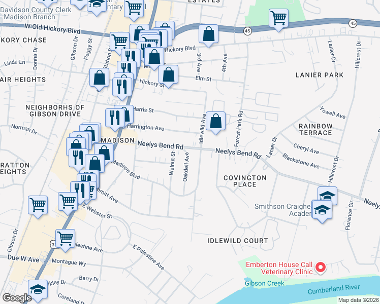 map of restaurants, bars, coffee shops, grocery stores, and more near 735 Madison Boulevard in Nashville