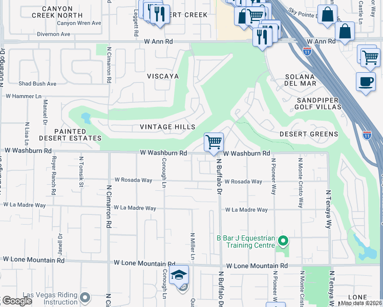 map of restaurants, bars, coffee shops, grocery stores, and more near North Miller Lane in Las Vegas