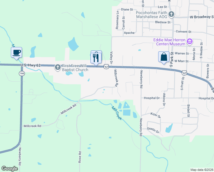 map of restaurants, bars, coffee shops, grocery stores, and more near 908 Valley Drive in Pocahontas