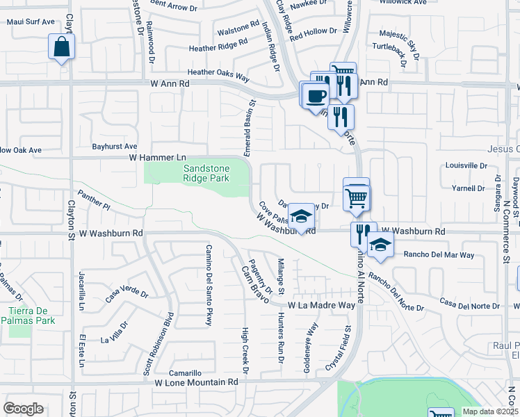map of restaurants, bars, coffee shops, grocery stores, and more near 1217 Cove Palisades Drive in North Las Vegas