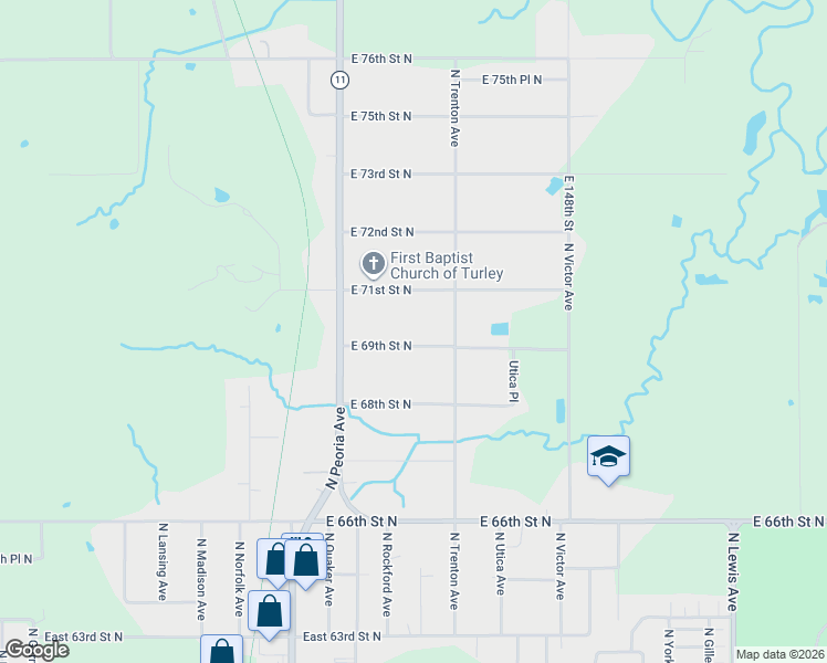 map of restaurants, bars, coffee shops, grocery stores, and more near 1510 East 69th Street North in Tulsa
