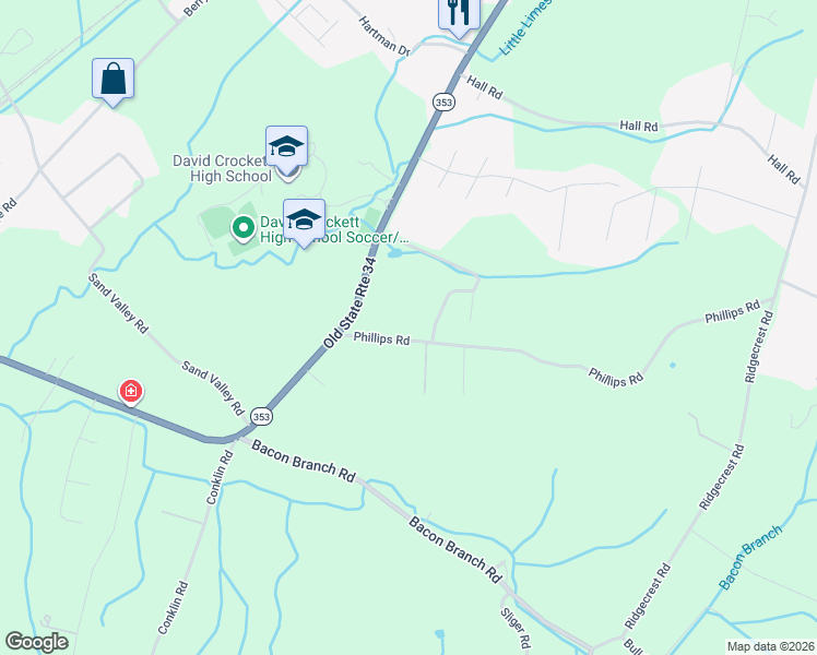 map of restaurants, bars, coffee shops, grocery stores, and more near 135 Phillips Road in Jonesborough