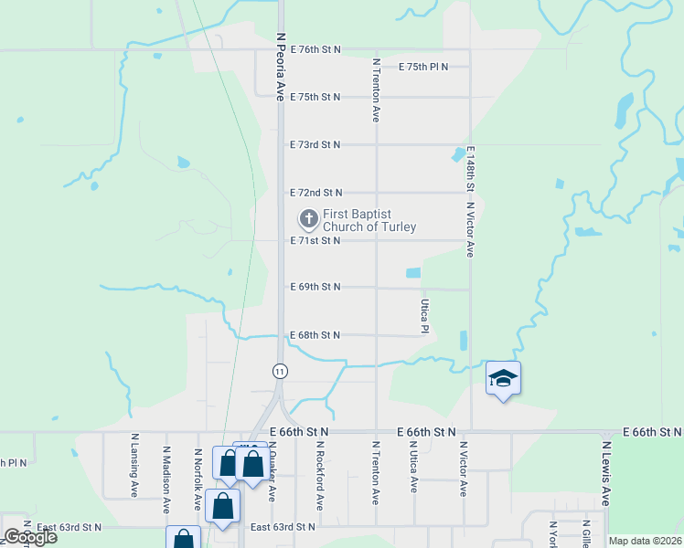 map of restaurants, bars, coffee shops, grocery stores, and more near 1510 East 69th Street North in Tulsa