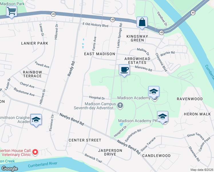 map of restaurants, bars, coffee shops, grocery stores, and more near 1228 Larkin Springs Road in Nashville