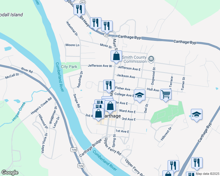 map of restaurants, bars, coffee shops, grocery stores, and more near 609 Main Street North in Carthage