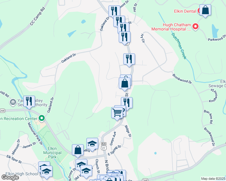 map of restaurants, bars, coffee shops, grocery stores, and more near 130 Chatham Drive in Elkin