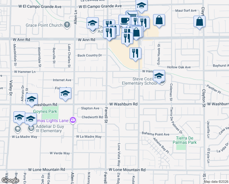map of restaurants, bars, coffee shops, grocery stores, and more near 3121 Flower Garden Court in North Las Vegas