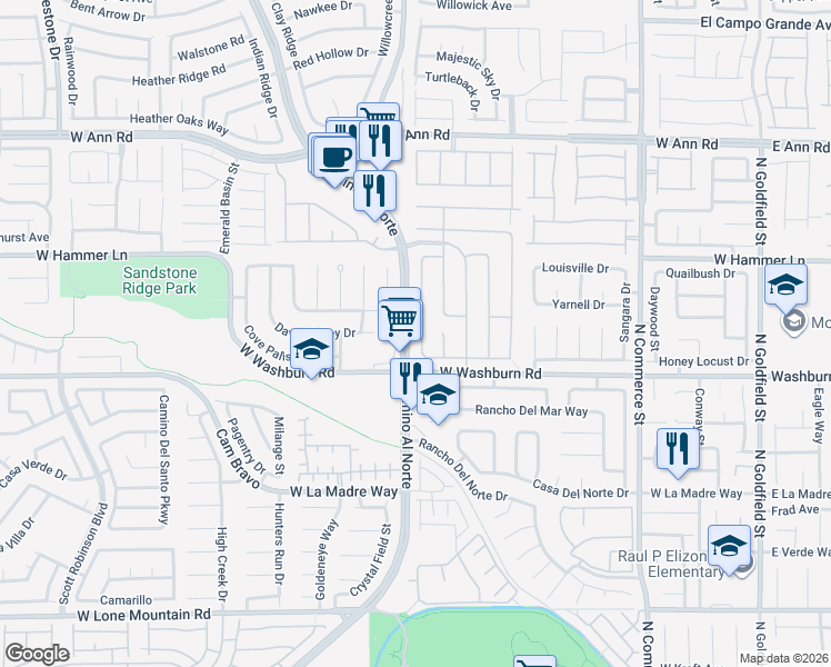 map of restaurants, bars, coffee shops, grocery stores, and more near 5215 Don Alberto Court in North Las Vegas