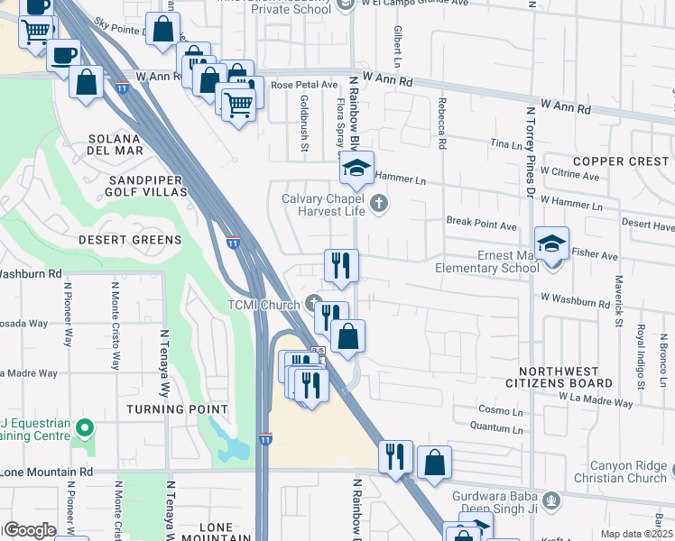 map of restaurants, bars, coffee shops, grocery stores, and more near 6701 Squaw Mountain Drive in Las Vegas