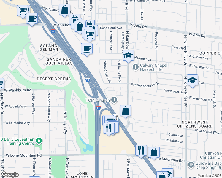 map of restaurants, bars, coffee shops, grocery stores, and more near 6901 Squaw Mountain Drive in Las Vegas